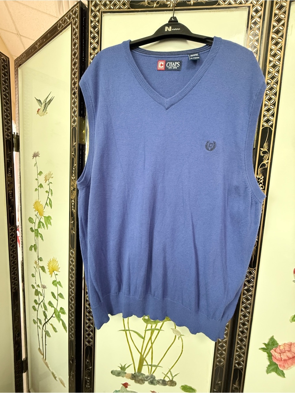 Classic, traditional Chaps Men’s Blue V-Neck Sweater Vest - Crew Emblem